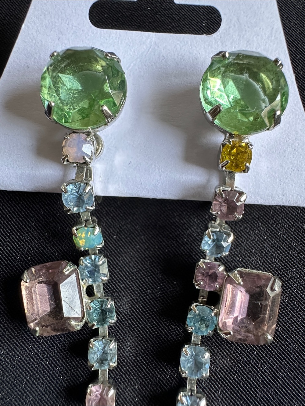 Rhinestone EUC dangle clip on earrings. Lovely faceted, pastel colored stones - Picture 3 of 5